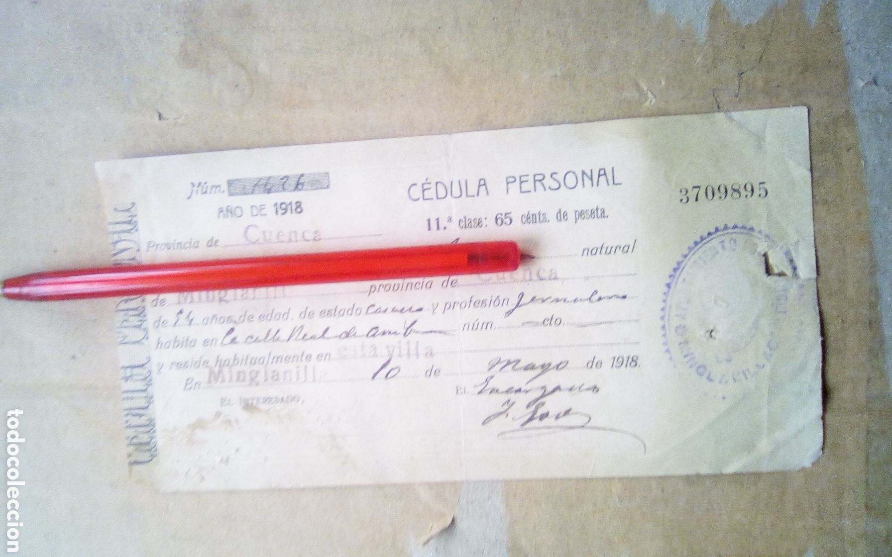 Documentos antiguos: C&eacute;lula personal. Poblaci&oacute;n de Cuenca, a&ntilde;o 1918. - Foto 1