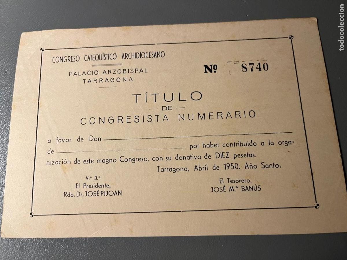 Documentos antiguos: T&Iacute;TULO CONGRESISTA NUMERRIO TARRAGONA 1950 - Foto 1