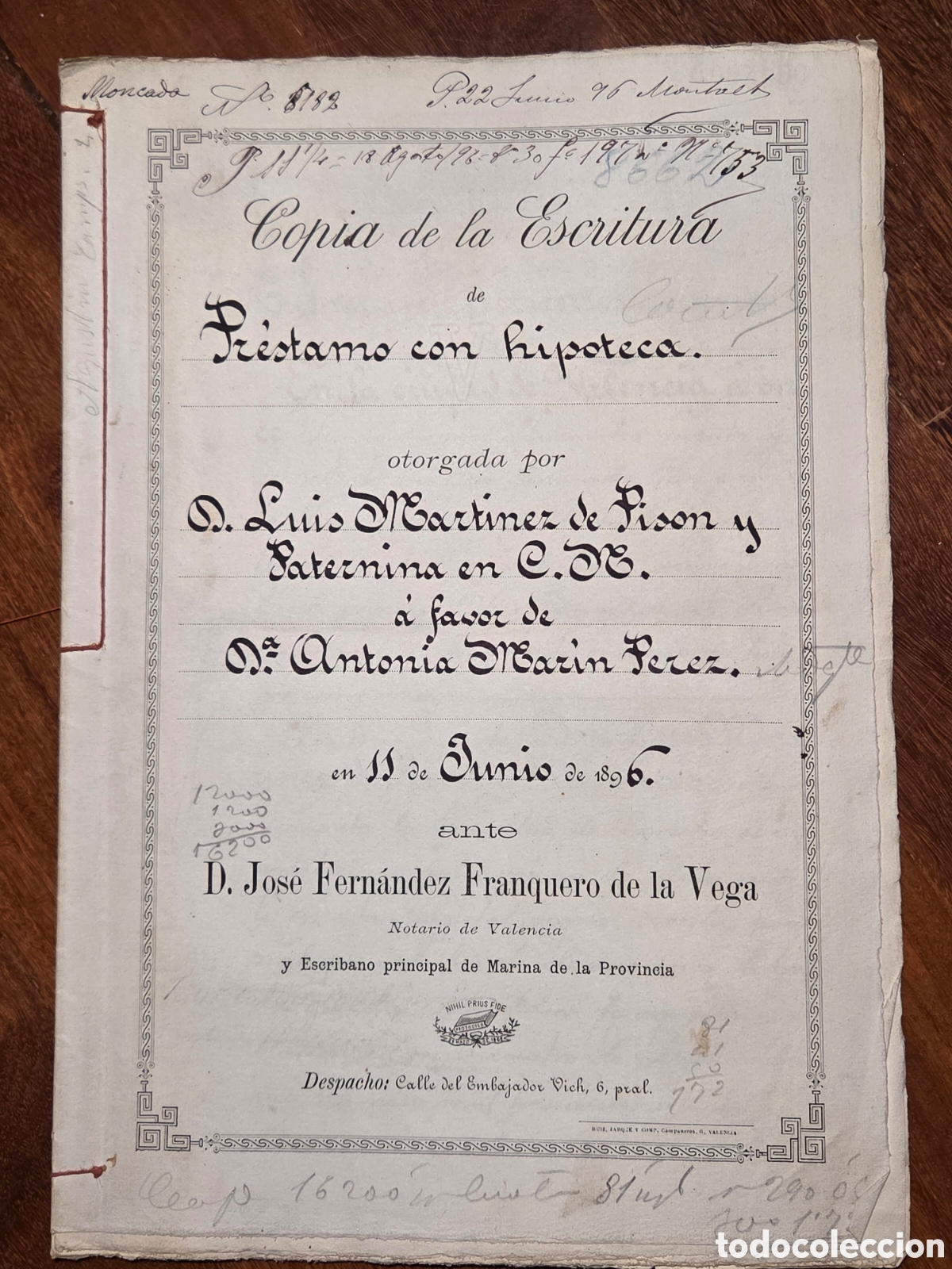Documentos antiguos: VALENCIA 1896 ESCRITURA DE PR&Eacute;STAMO CON HIPOTECA - Foto 1