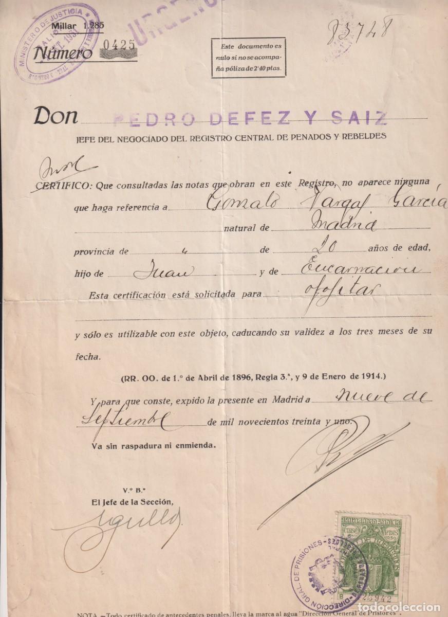 Documentos antiguos: Certificado de penados y rebeldes en 1931 - Foto 1
