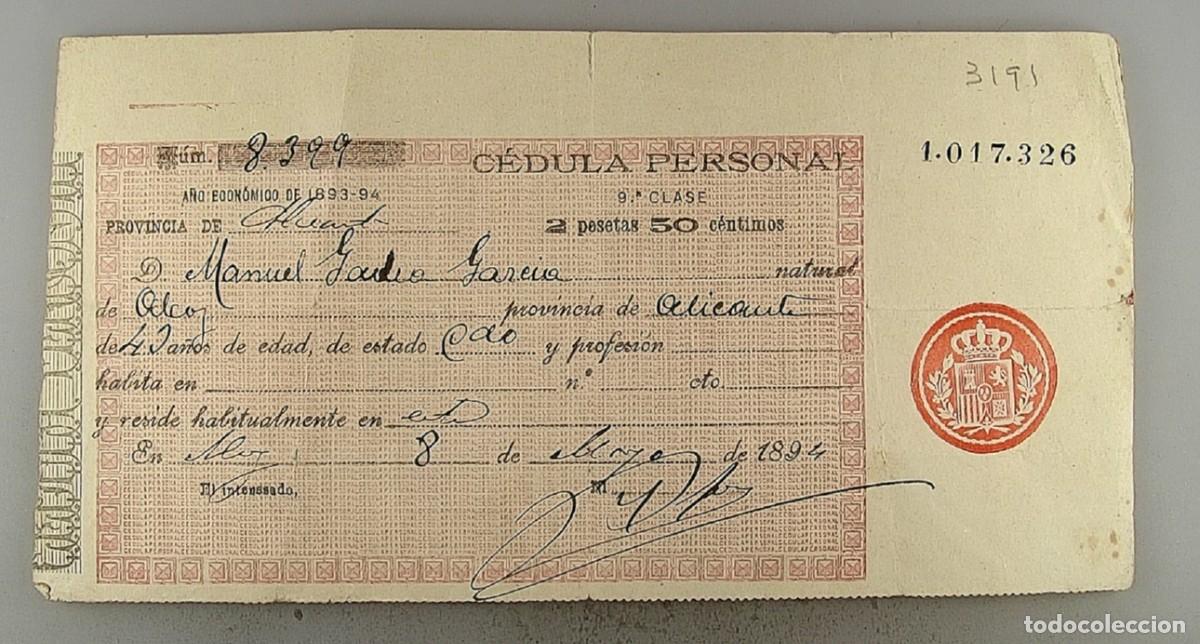 Documentos antiguos: C&eacute;dula de identidad del a&ntilde;o 1893 - Foto 1
