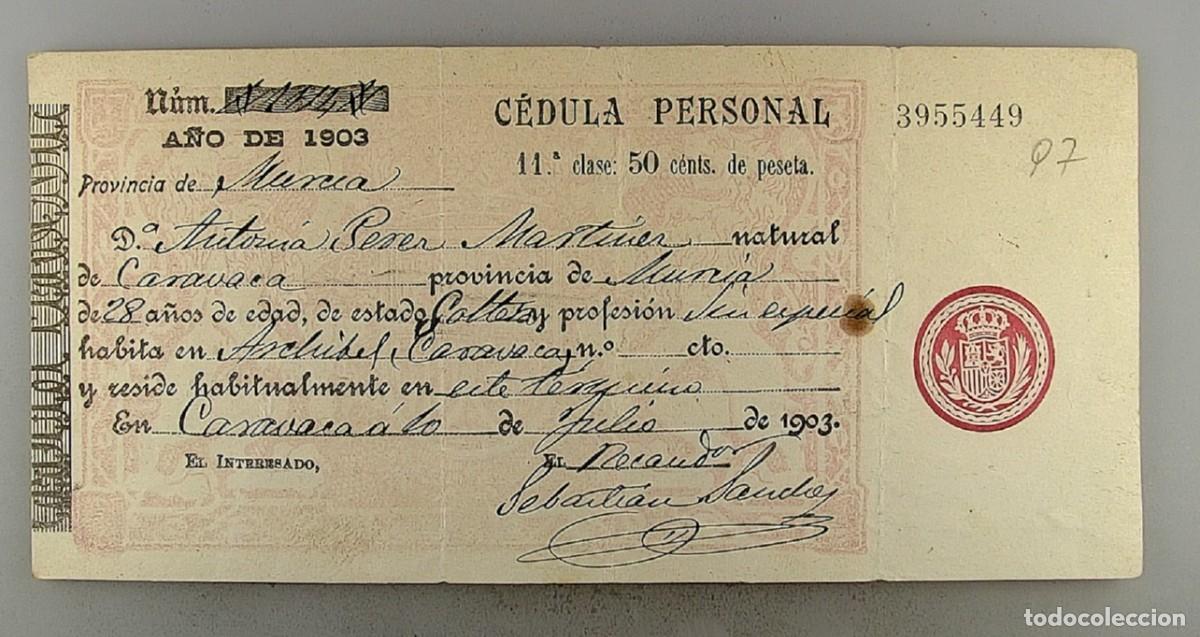 Documentos antiguos: C&eacute;dula de identidad del a&ntilde;o 1903 de Murcia - Foto 1