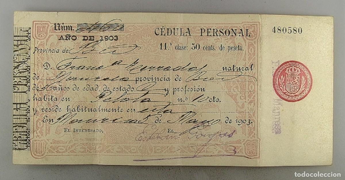 Documentos antiguos: C&eacute;dula de identidad del a&ntilde;o 1903 de Alicante - Foto 1