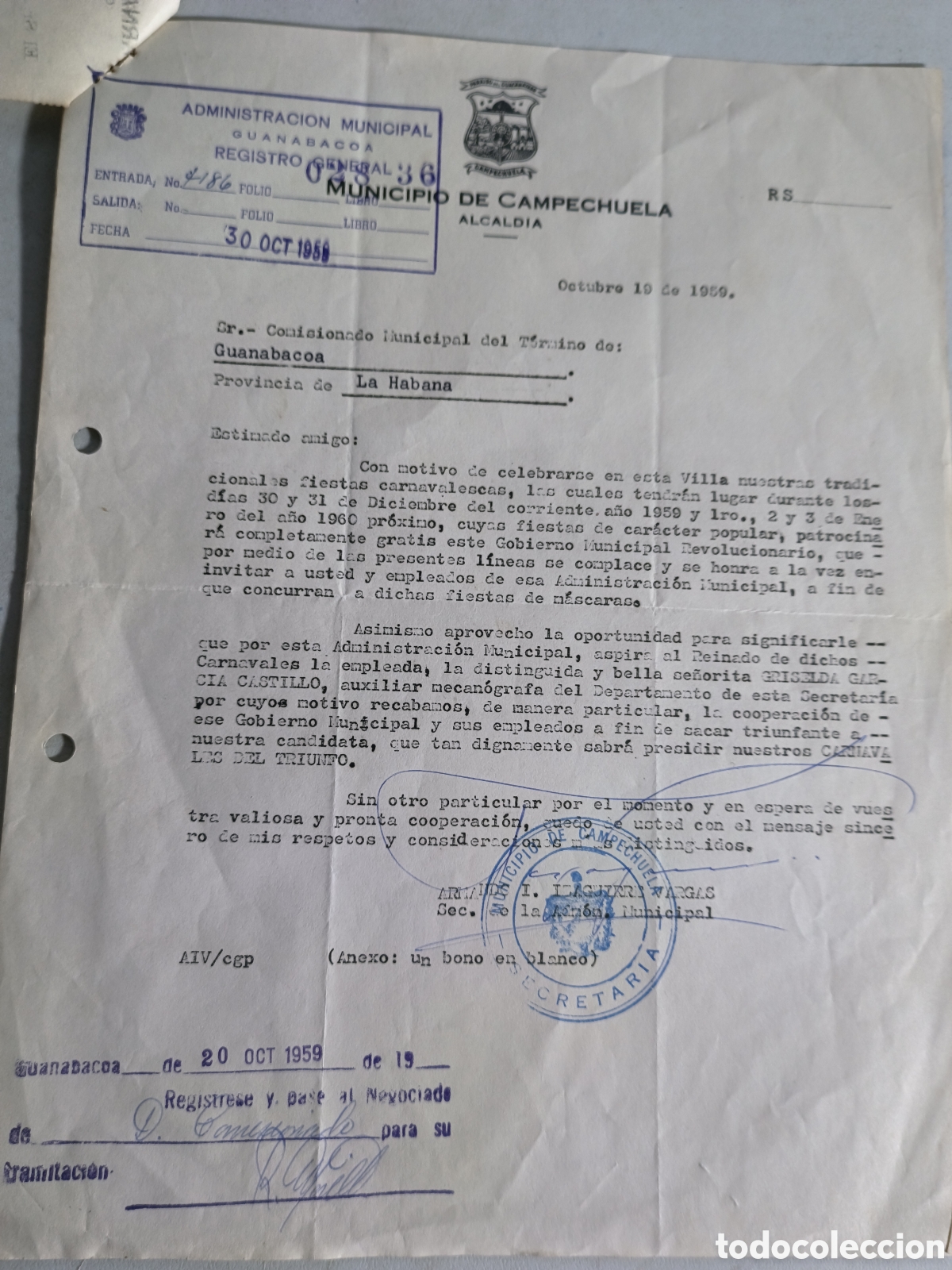 Documentos antiguos: Cuba,bono + documento certamen carnaval del triunfo 1959. - Foto 2