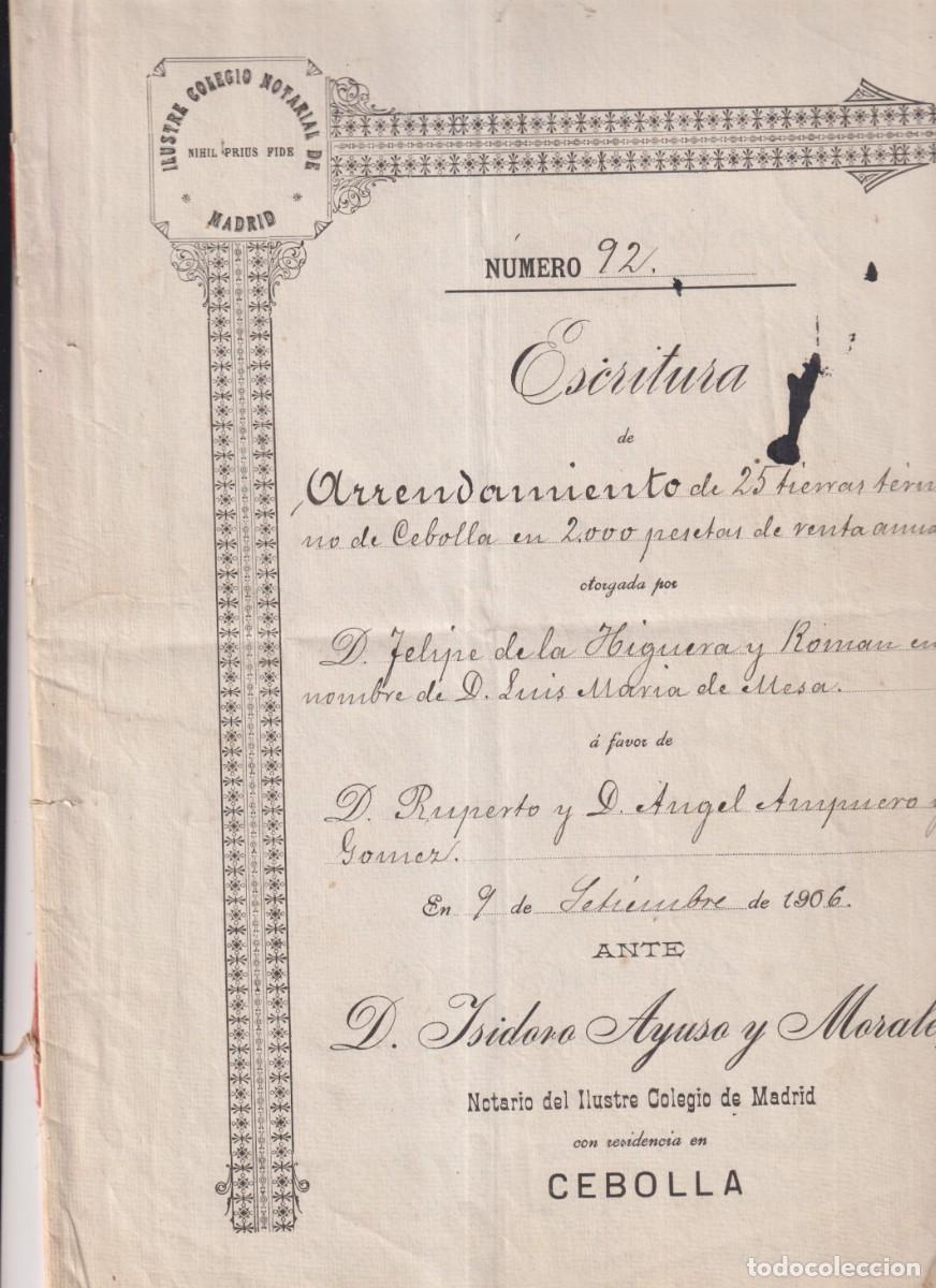 Documentos antiguos: Arrendamiento de 25 tierras en Cebolla Toledo en 1906. - Foto 1