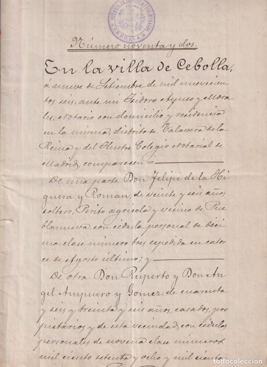 Documentos antiguos: Arrendamiento de 25 tierras en Cebolla Toledo en 1906. - Foto 2
