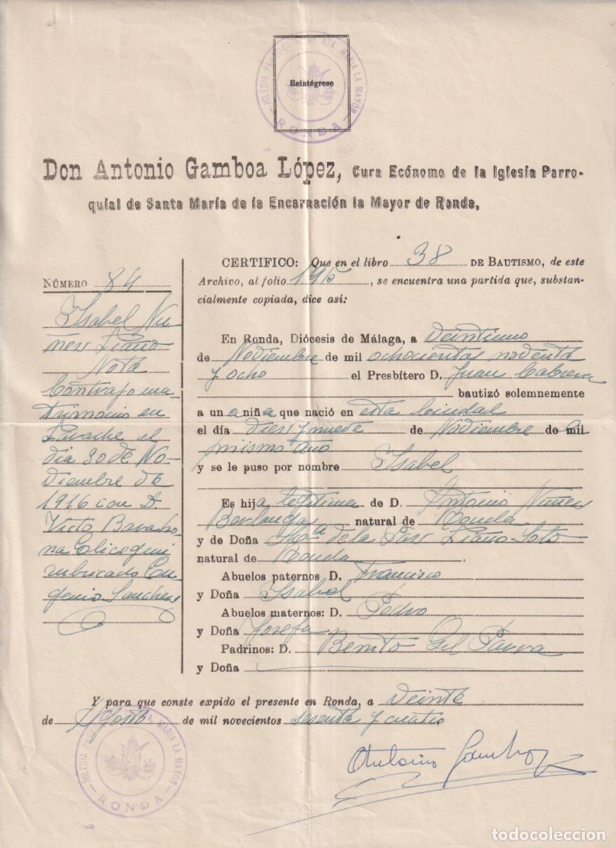 Documentos antiguos: CERTIFICADO ECLES&Iacute;ASTICO EN RONDA FECHADO EN 1964 - Foto 1