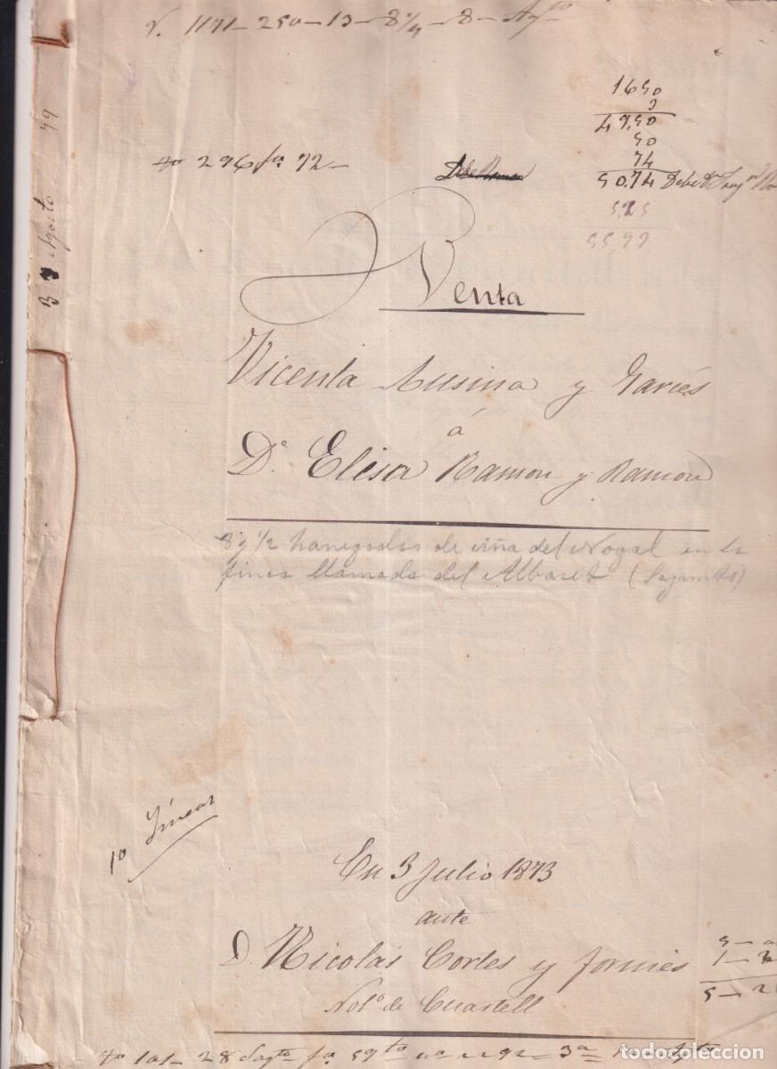 Documentos antiguos: VENTA DE UNA TIERRA DE VI&Ntilde;AS EN CUARTELL (VALENCIA) EN 1873 - Foto 1