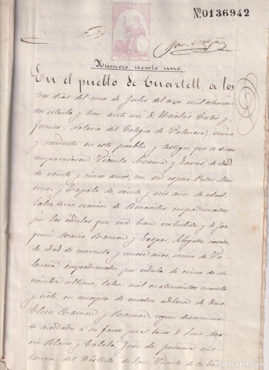 Documentos antiguos: VENTA DE UNA TIERRA DE VI&Ntilde;AS EN CUARTELL (VALENCIA) EN 1873 - Foto 2