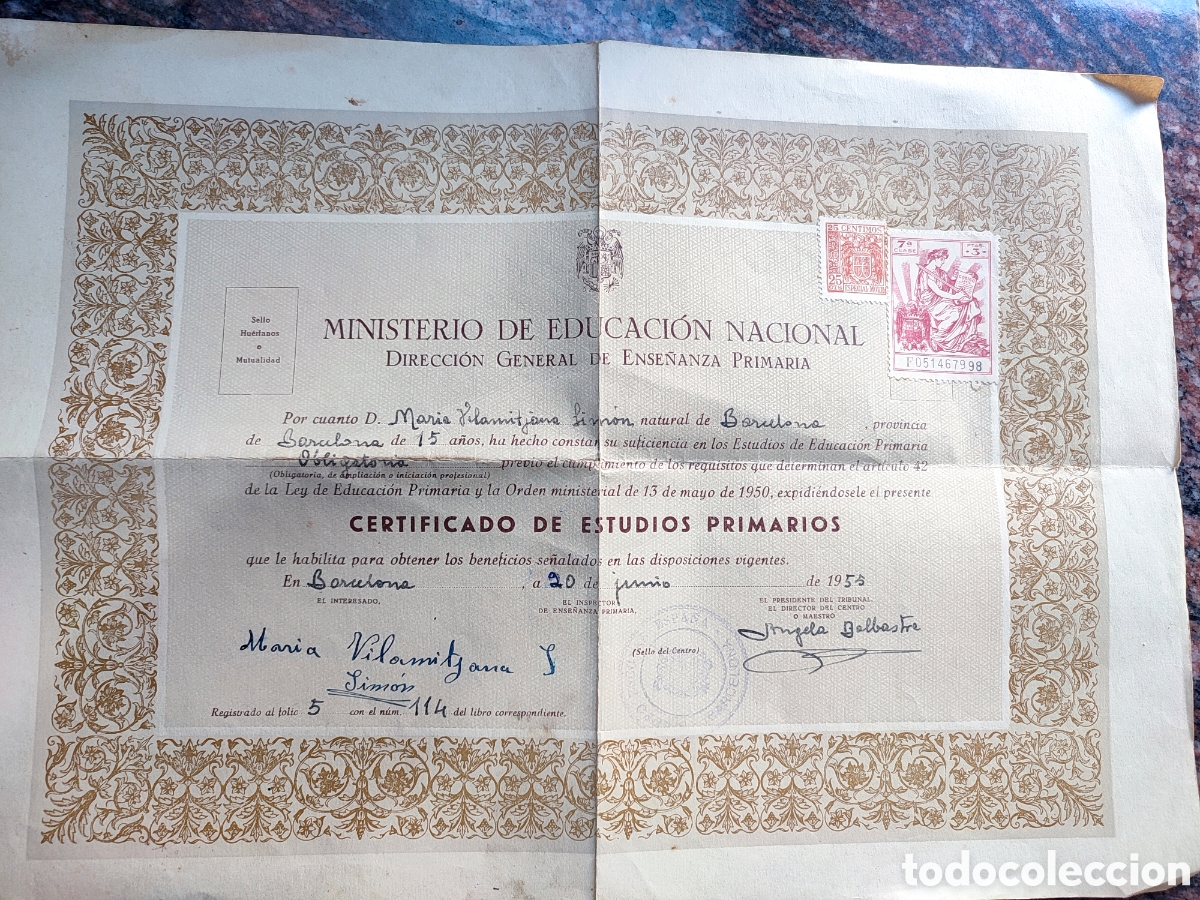 Documentos antiguos: Certificado estudios primarios. 1955. Barcelona - Foto 1