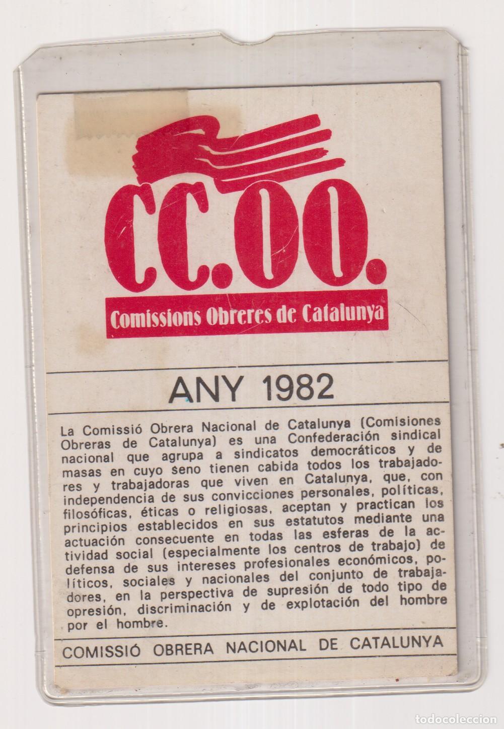 Documentos antiguos: Carnet. Comissions Obreres de Catalunya. Any 1982 - Foto 1