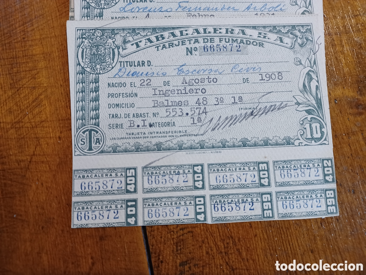 Documentos antiguos: Tarjetas de fumador, Tabacalera s.a. - Foto 4