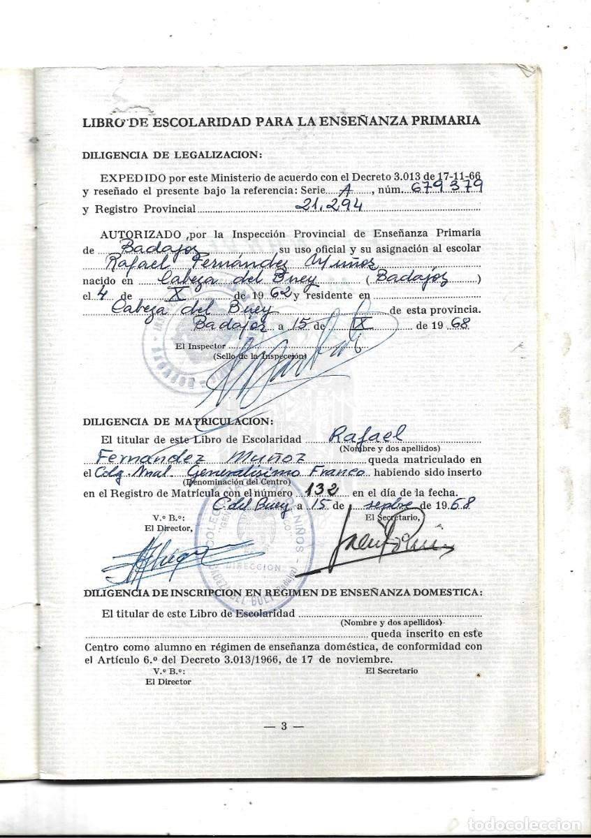 Documentos antiguos: P- LIBRO DE ESCOLARID DE ENSE&Ntilde;ANZA PRIMARIA DE SEPTBRE1.968 - Foto 2