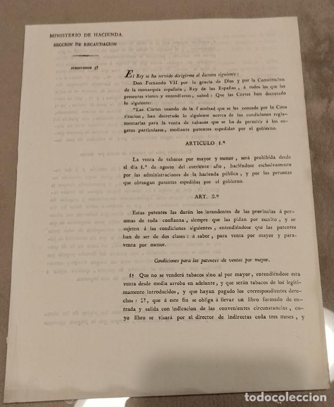 Documentos antiguos: FERNANDO VII, 1821, CONDICIONES PARA LA VENTA DE TABACO - Foto 1