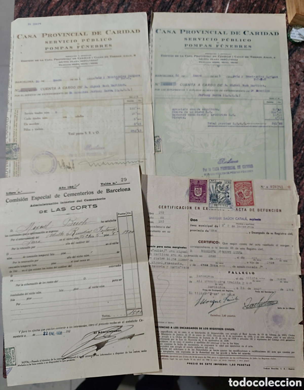 Documentos antiguos: Pompas Funebres. 1931. Barcelona. + Cert defunci&oacute;n