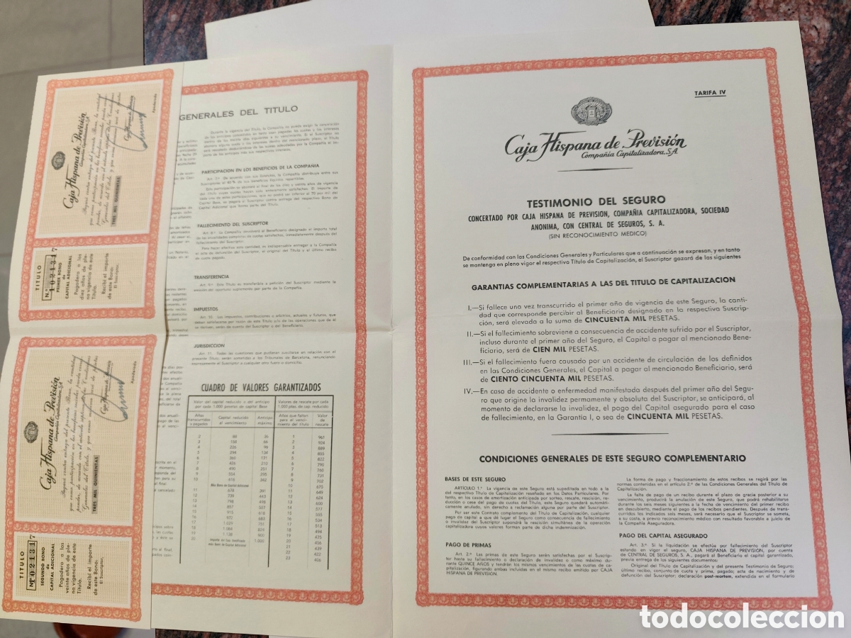 Documentos antigos: T&iacute;tulo de Capitalizaci&oacute;n de 50.000 ptas. 1966. Caja Hispana de Previsi&oacute;n . Documentaci&oacute;n completa