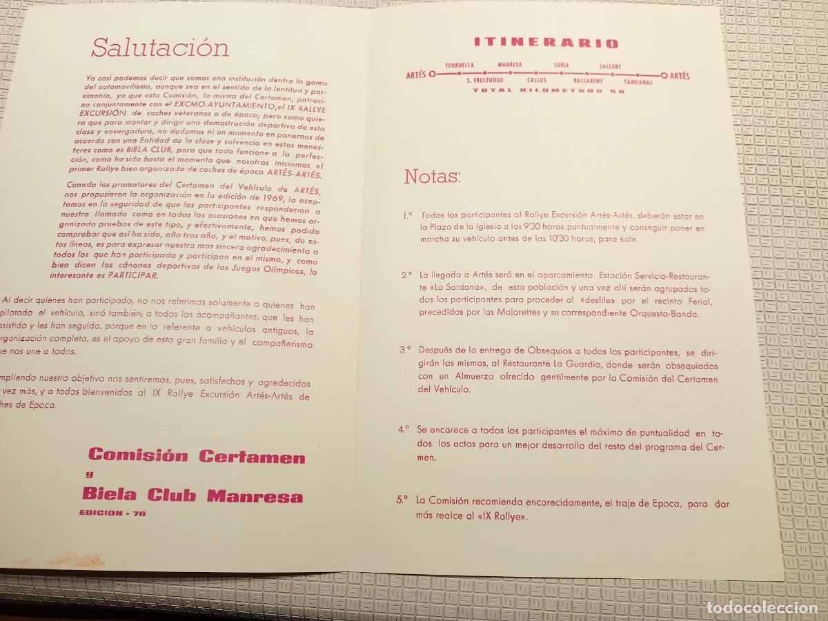 Documentos antiguos: PROGRAMA E ITINERARIO DEL IX RALLYE EXCURSION COCHES ANTIGUOS ARTES A&Ntilde;O 1976 - Foto 2