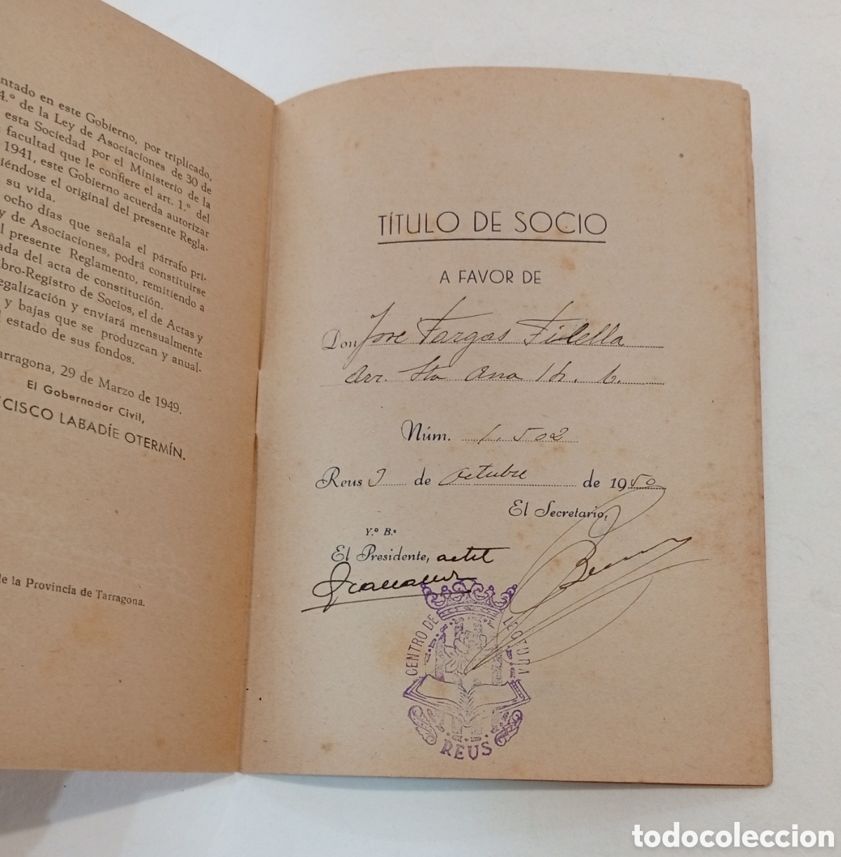Documentos antiguos: Reglamento Centro de lectura de Reus t&iacute;tulo socio 1950 - Foto 2