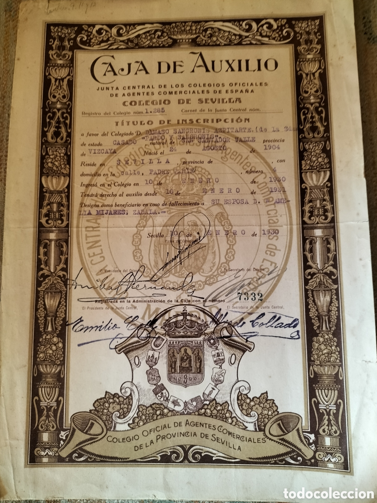 Documentos antiguos: Sevilla. Caja de Auxilio. Agentes Comerciales. 1930. - Foto 1