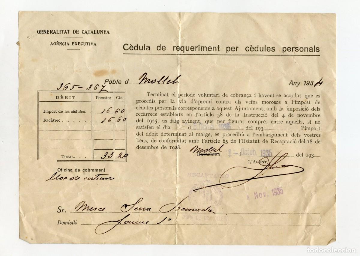 Documentos antiguos: C&egrave;dula de requeriment per c&egrave;dules personals. Generalitat de Catalunya 1935 - Foto 1
