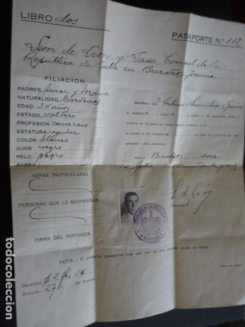 Documentos antiguos: PASAPORTE DIPLOMATICO CONSUL DE LA REPUBLICA DE CUBA EN BURDEOS 1936 - Foto 1