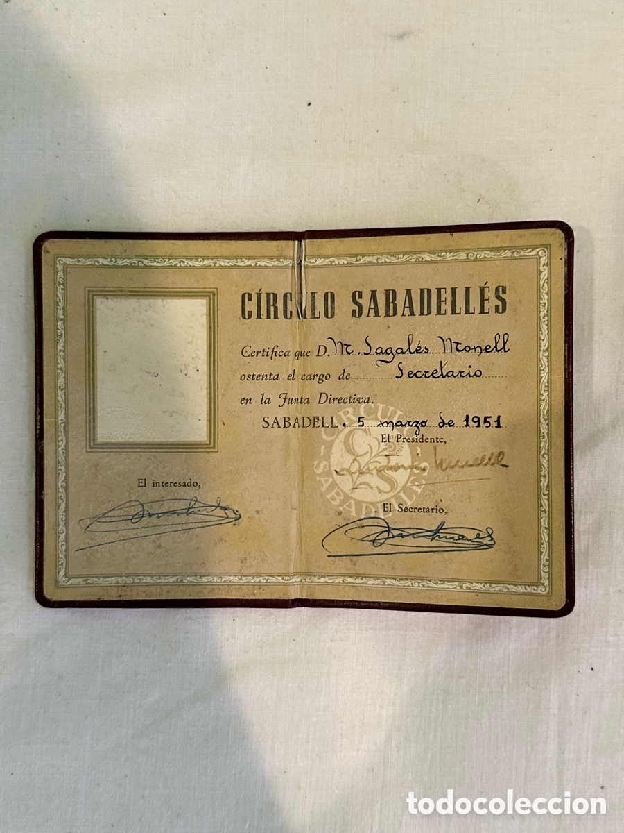 Documentos antiguos: carnet de t&iacute;tulo de socio del &rdquo;C&iacute;rculo Sabadell&eacute;s&rdquo;1951. - Foto 2
