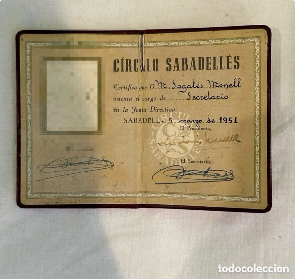 Documentos antiguos: carnet de t&iacute;tulo de socio del &rdquo;C&iacute;rculo Sabadell&eacute;s&rdquo;1951. - Foto 1
