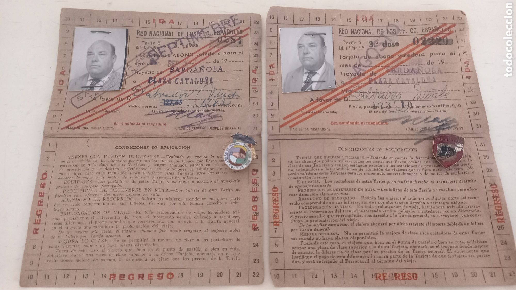 Documentos antiguos: Lote FERROCARRIL. 2 carnets SARDA&Ntilde;OLA + 2 insignias antiguas
