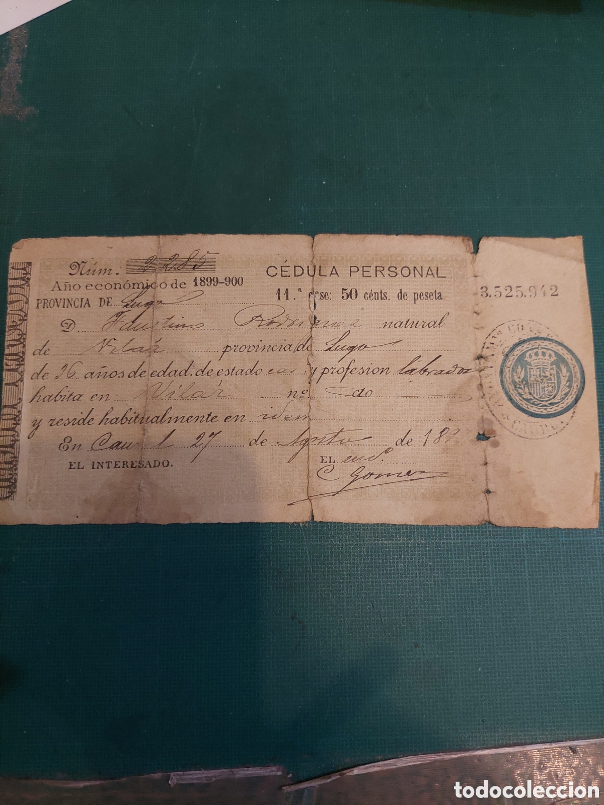 Documentos antiguos: 1899/1900 CEDULA PERSONAL LUGO CAUREL - Foto 1