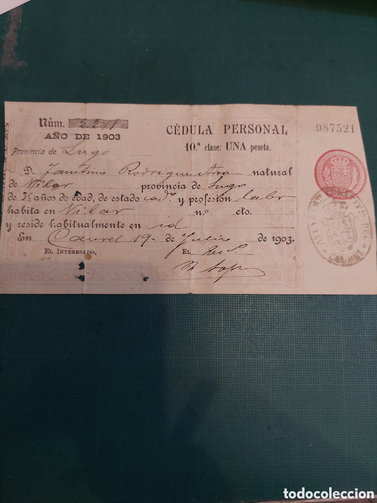 Documentos antiguos: 1903 LUGO CAUREL C&Eacute;DULA PERSONAL - Foto 1