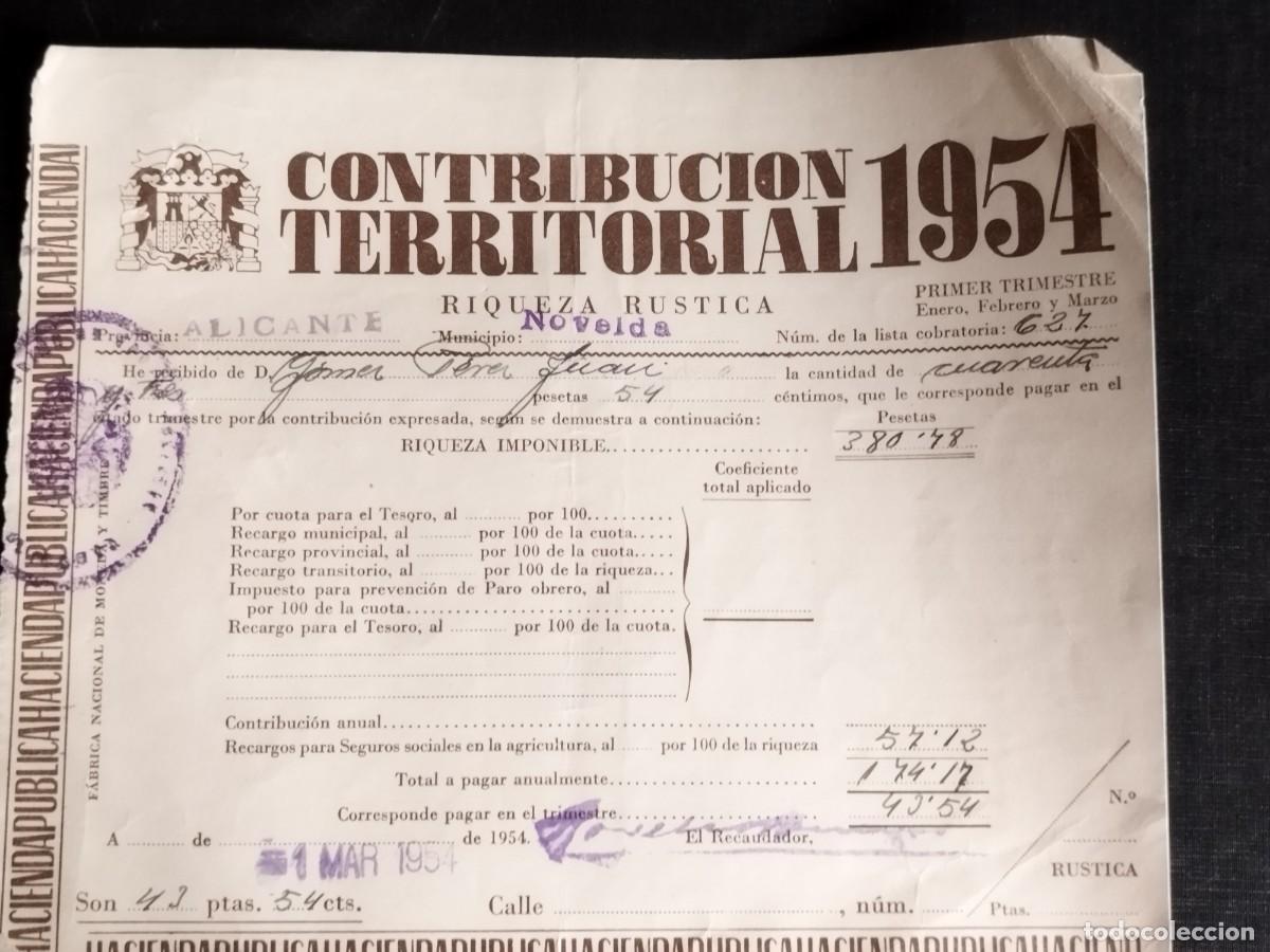 Documentos antiguos: DOCUMENTO ANTIGUO - CONTRIBUCION TERRITORIAL - NOVELDA 1954 - Foto 1