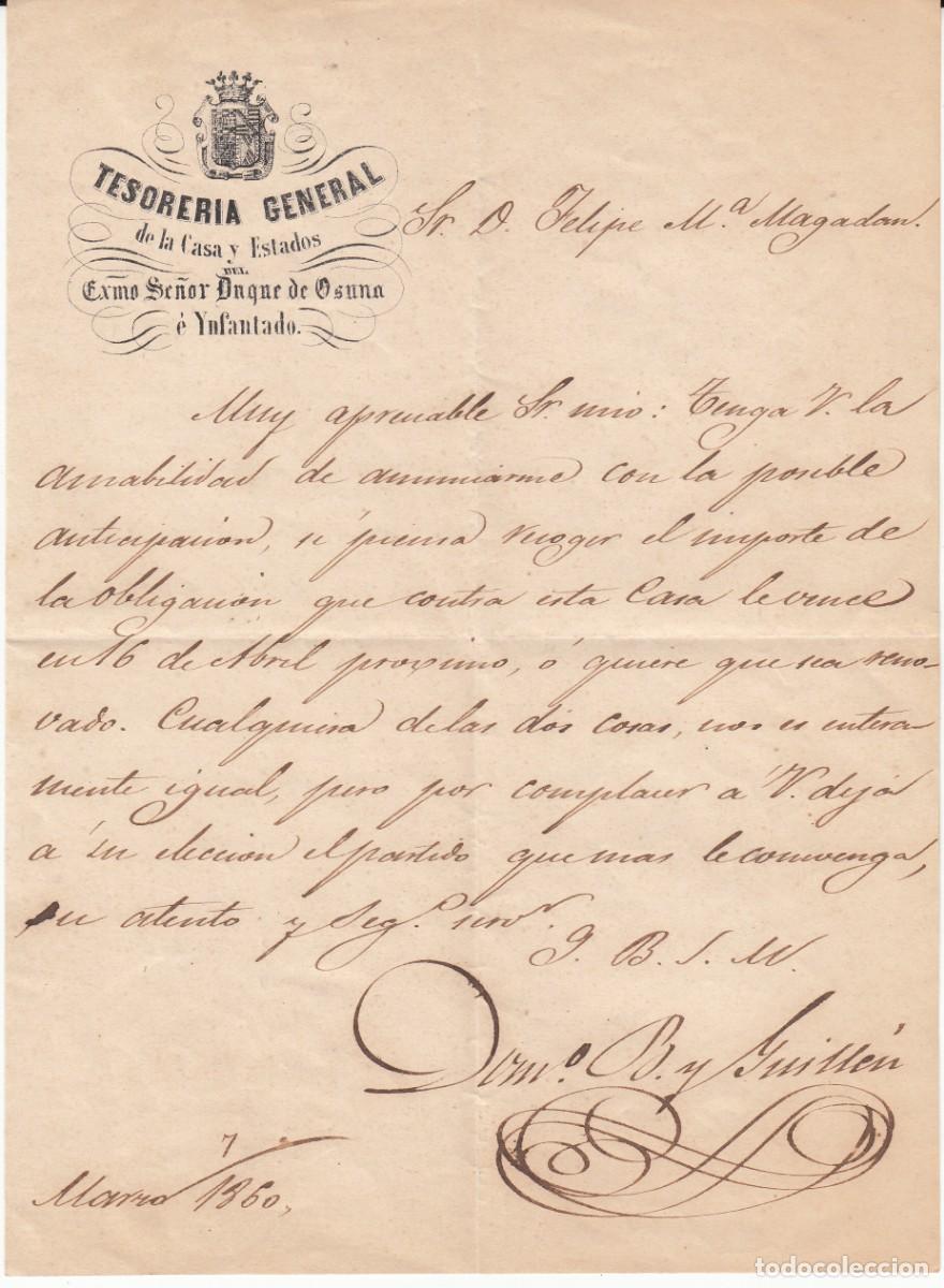 Documentos antiguos: 1860 - DOCUMENTO DE TESORER&Iacute;A GENERAL - SR. DUQYE DE OSUNA E INFANTADO - Foto 1