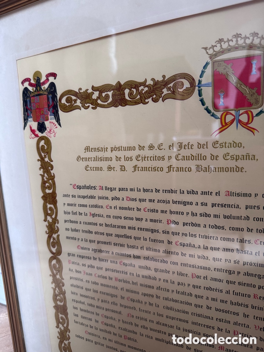 Documentos antiguos: Cuadro mensaje p&oacute;stumo Franco - Foto 2