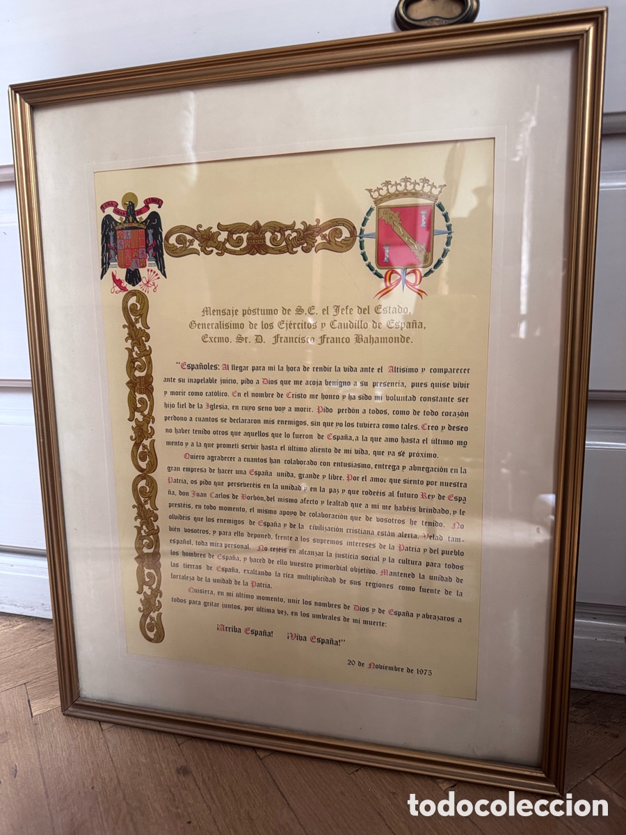 Documentos antiguos: Cuadro mensaje p&oacute;stumo Franco - Foto 1