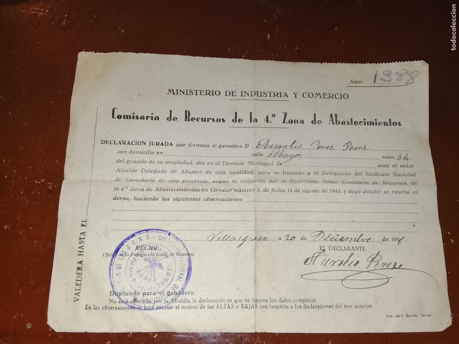 Documentos antiguos: 1941. Documento Hist&oacute;rico Ganader&iacute;a. Teruel: Villaspesa. Ministerio de Industria y Comercio.