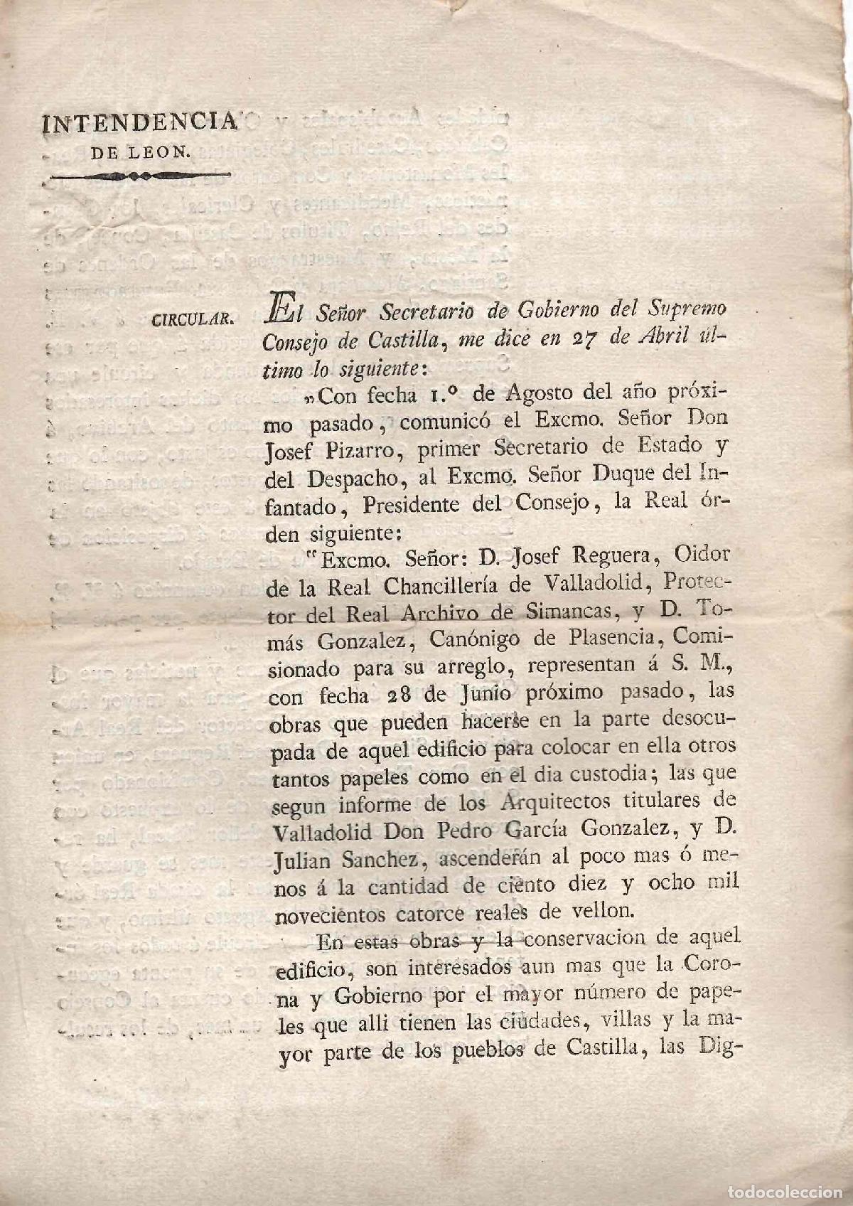 Documentos antiguos: INTENDENCIA LEON. CIRCULAR SOBRE OBRAS EN ARCHIVO DE SIMANCAS EN LA PARTE DESOCUPADA DEL EDIFICIO - Foto 1