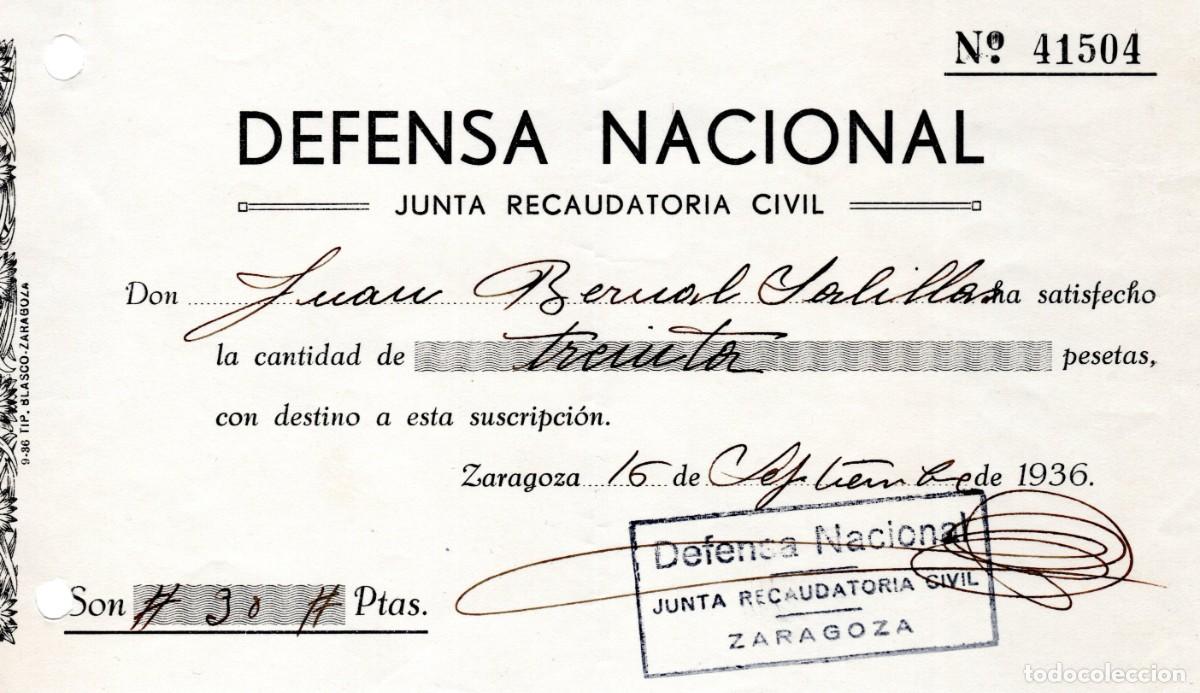 Documentos antiguos: ZARAGOZA. DEFENSA NACIONAL. JUNTA RECAUDATORIA CIVIL. RECIBO DE FECHA 16 DE SEPTIEMBRE DE 1936.