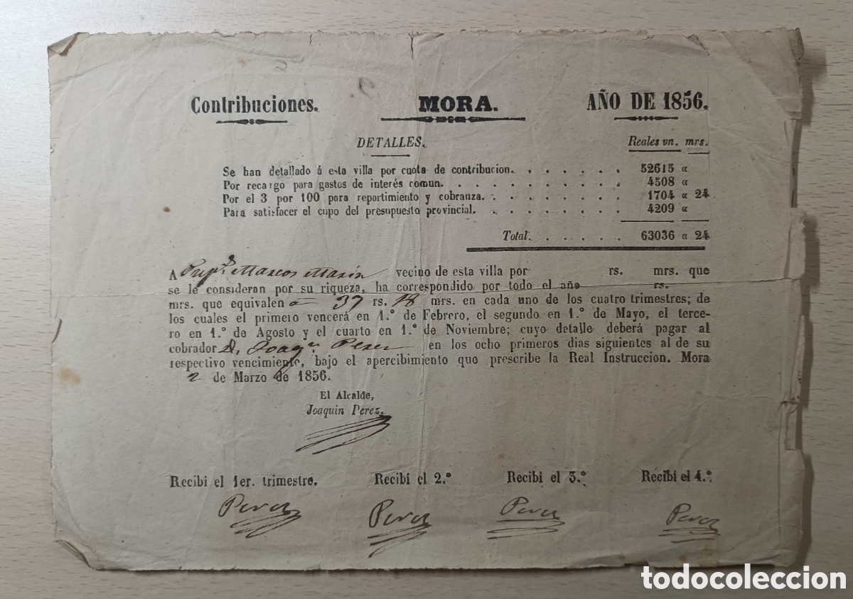 Documentos antiguos: MORA. A&Ntilde;O 1856. DOCUMENTO DE CONTRIBUCI&Oacute;N TRIMESTRAL