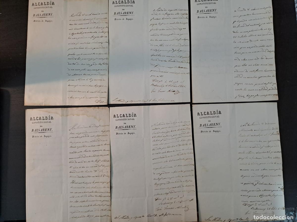 Documentos antiguos: EL BAGES-BALSARENY-SANT FELIU SASSERRA-6 CARTAS RECLAMANDO PAGOS A&Ntilde;O 1846-FIRMA ALCALDE BALSARENY