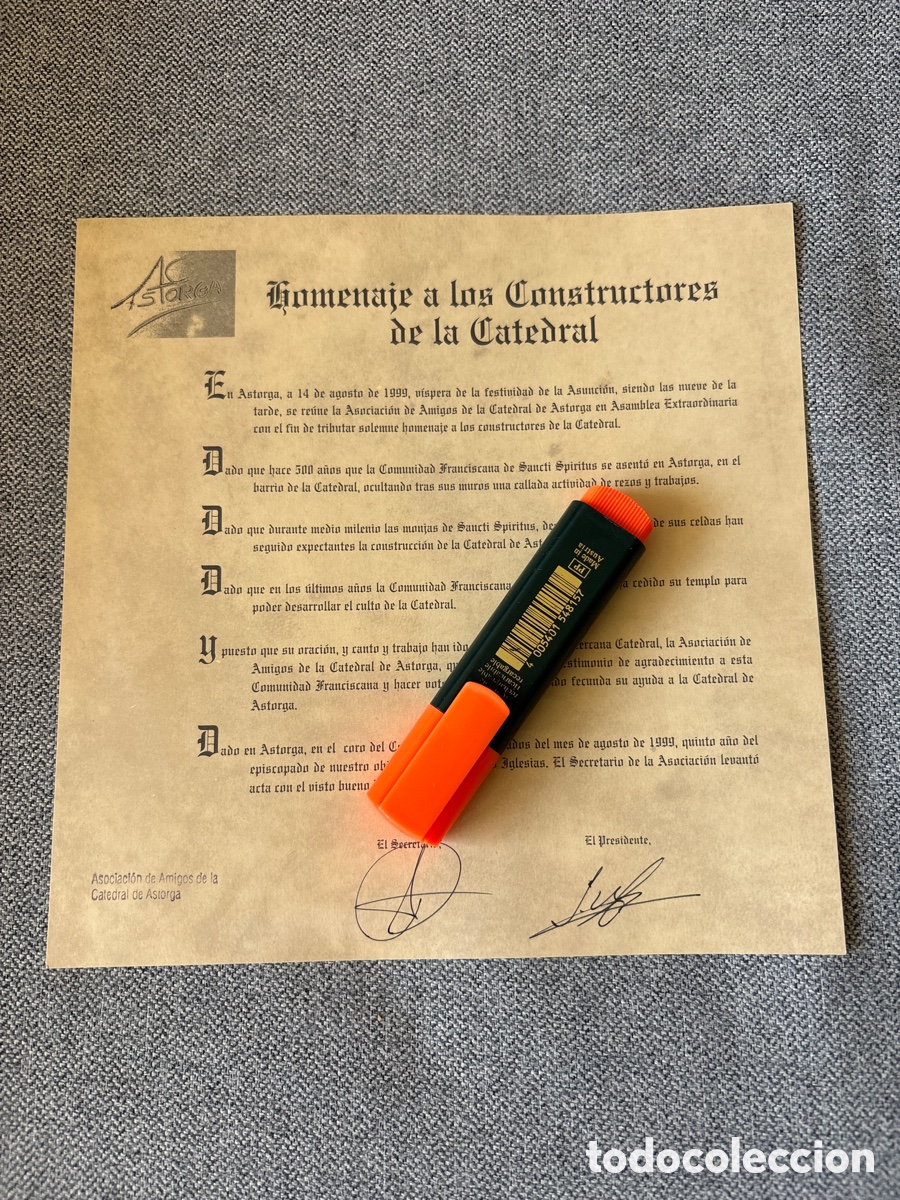 Alte Dokumente: Tarjeta Homenaje a los constructores de la Catedral Astorga. 1999. ASM