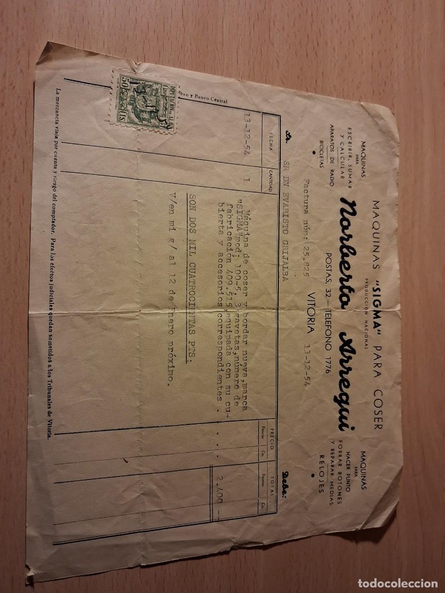 Documentos antiguos: A&ntilde;o 1954. Factura m&aacute;quina de coser SIGMA. Vitoria