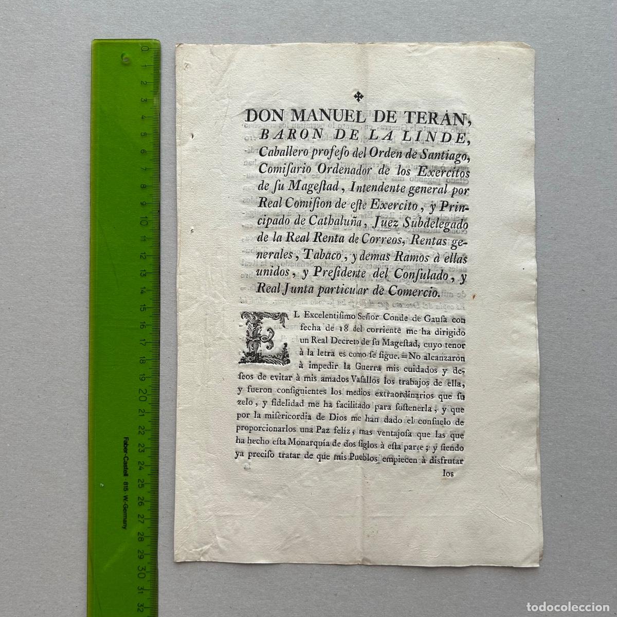 Documentos antiguos: Edicto 1783 Bar&oacute;n de la Linde: Fin Impuestos de Guerra en Catalunya - Documento Hist&oacute;rico Barcelona