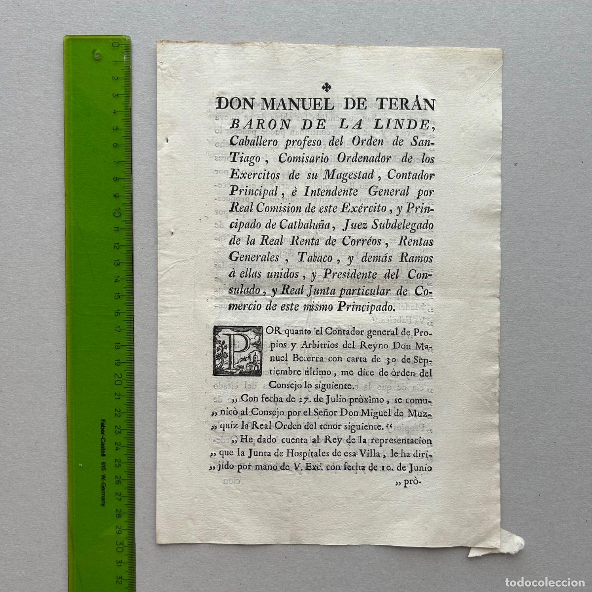 Documentos antiguos: Edicto 1782 Bar&oacute;n de la Linde: Impuesto Real F&aacute;brica de Lat&oacute;n Alcaraz y Hospitales Madrid