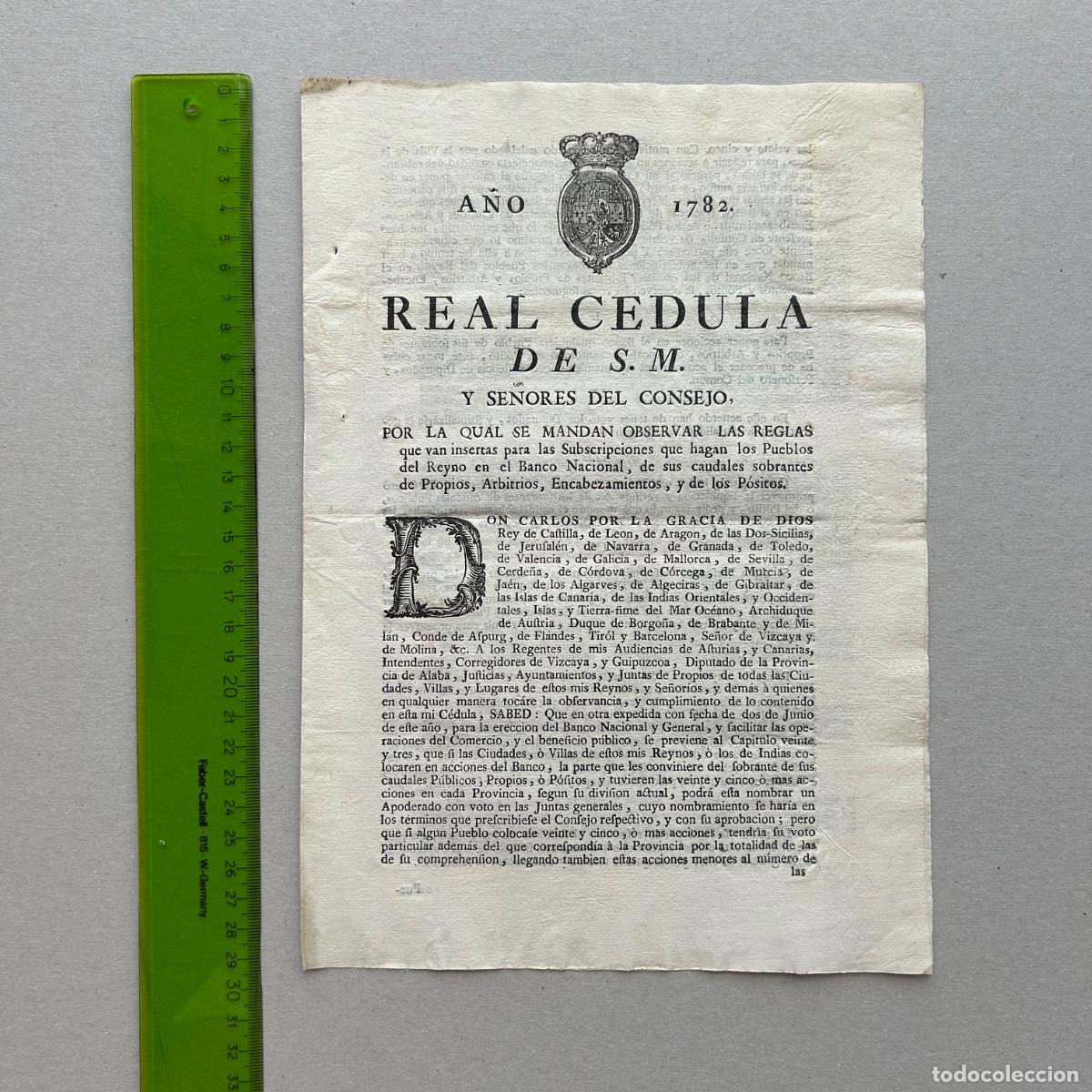 Documentos antiguos: Real C&eacute;dula 1782: Creaci&oacute;n Banco de San Carlos (Banco de Espa&ntilde;a) - Inversi&oacute;n de Pueblos &ndash; Carlos III