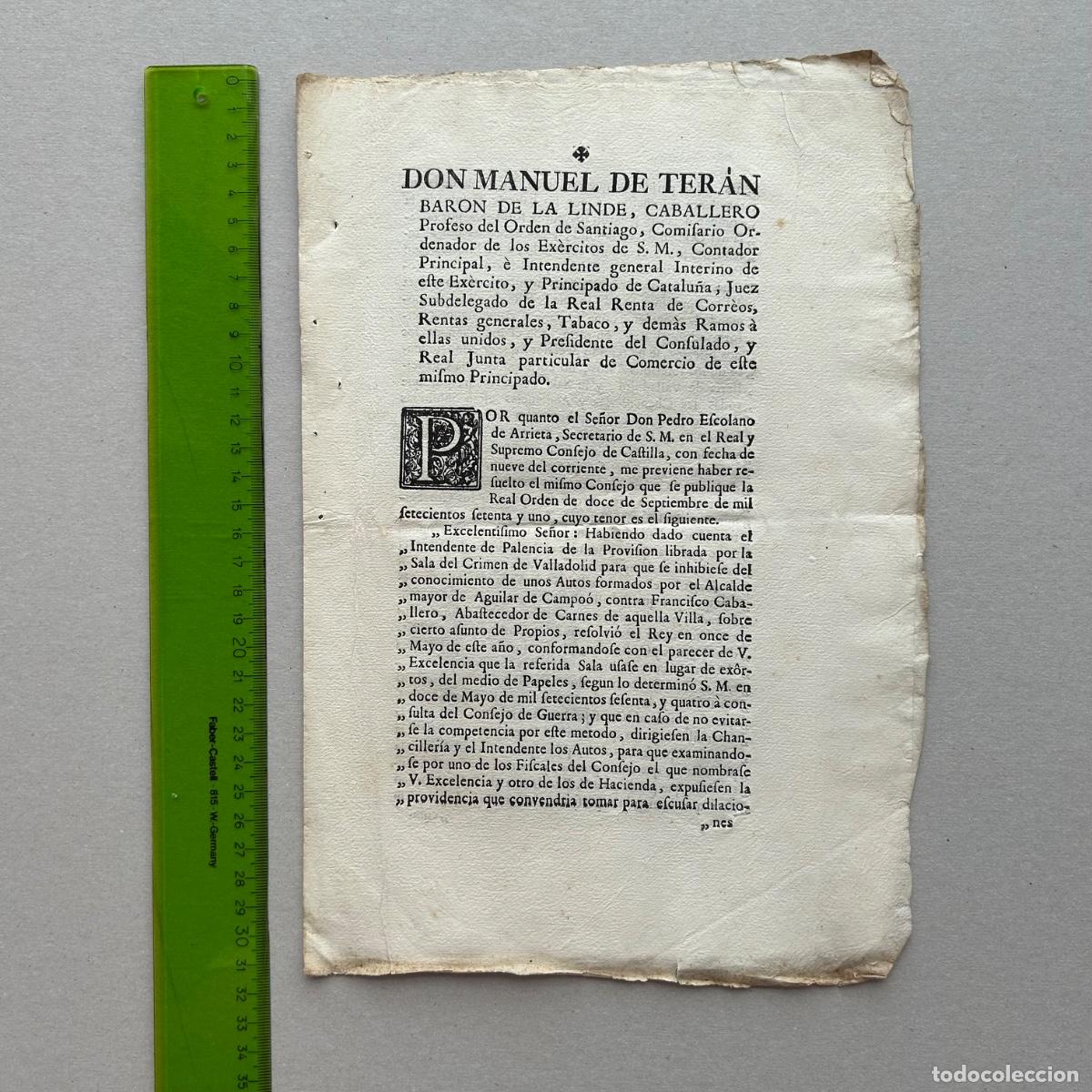 Documentos antiguos: Edicto 1781 Bar&oacute;n de la Linde: Jurisdicci&oacute;n de Intendentes y Abastos - Documento Hist&oacute;rico