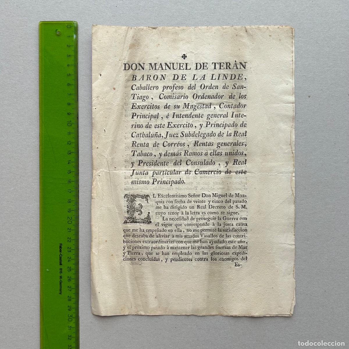 Documentos antiguos: Edicto 1781 Bar&oacute;n de la Linde: Control de Gastos Militares y Alojamientos - Barcelona