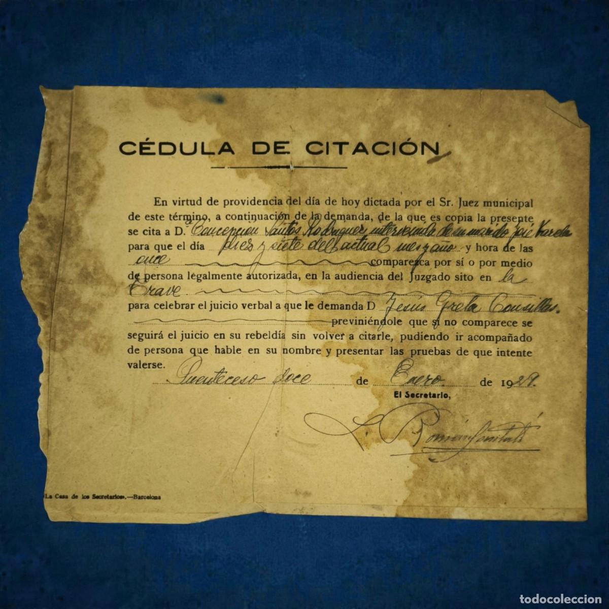 Documentos antiguos: C&eacute;dula De Citaci&oacute;n Judicial A&ntilde;o 1928 &ndash; Documento Legal Antiguo Con Firma Original