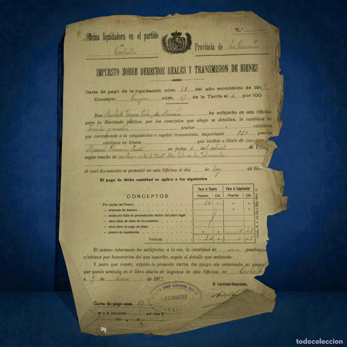 Documentos antiguos: A&ntilde;o 1919 - Documento Fiscal Antiguo &ndash; Impuesto Sobre Derechos Reales Y Transmisi&oacute;n De Bienes