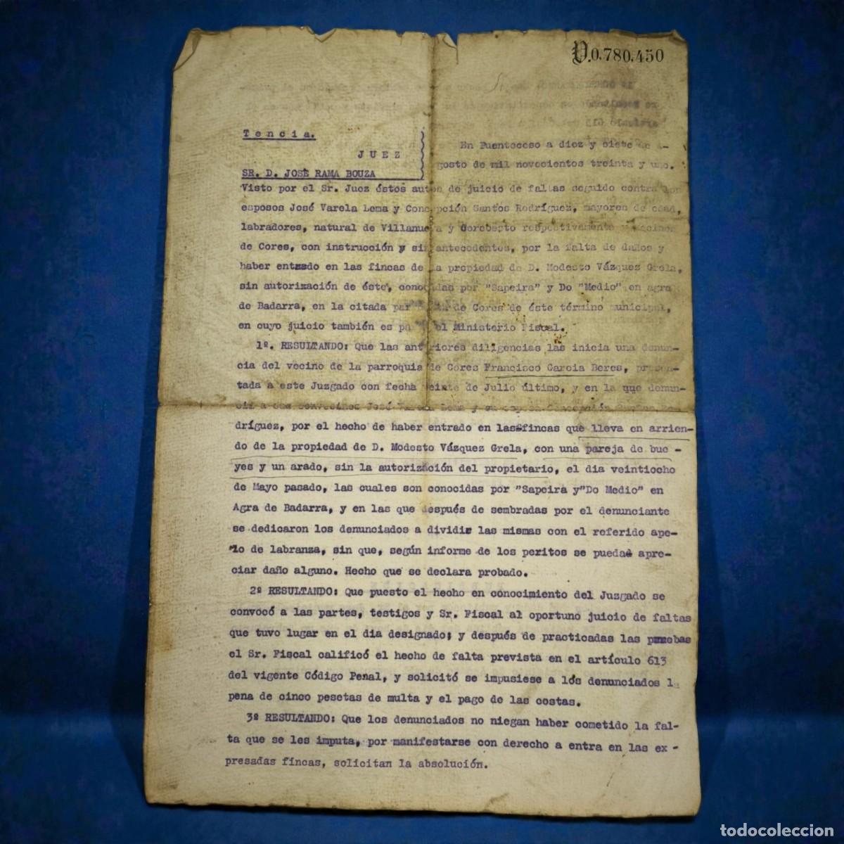 Documentos antiguos: Documento Judicial Antiguo 1931 &ndash; Sentencia Original Juzgado Municipal Puenteceso Galicia