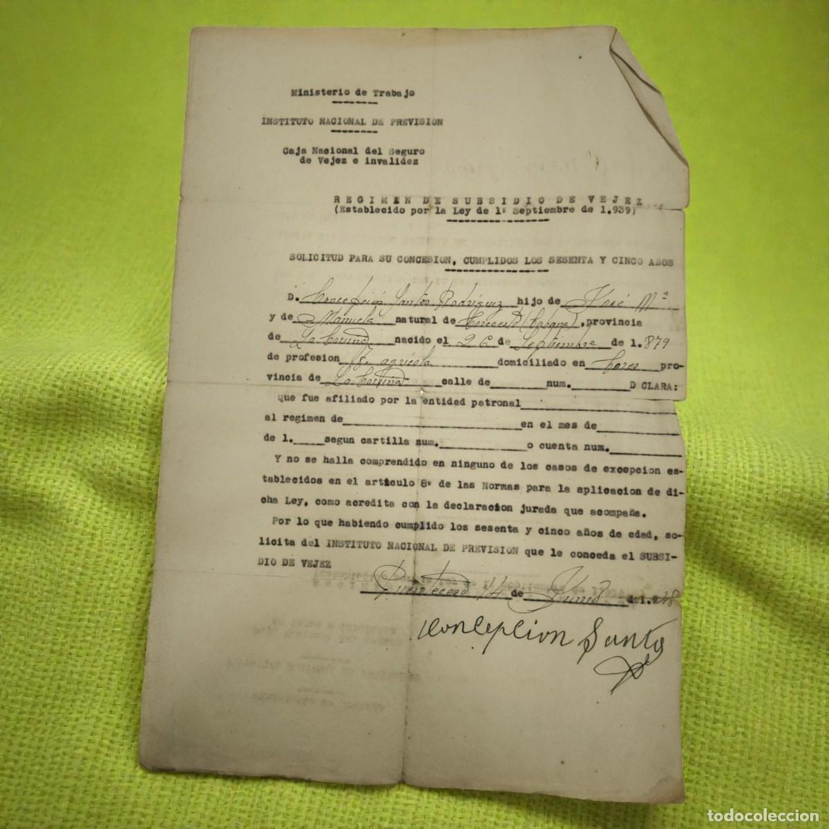 Documentos antiguos: Documento Oficial Ministerio De Trabajo 1939 &ndash; Instituto Nacional De Previsi&oacute;n Subsidio De Vejez